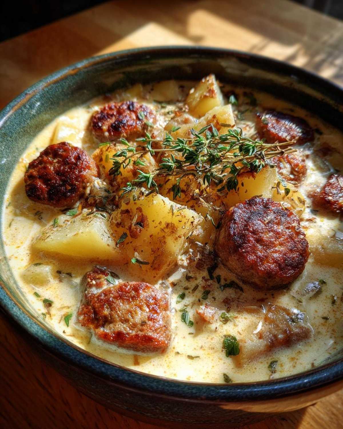 Close-up of a bowl of hearty sausage potato soup, featuring chunks of potato and browned sausage slices, garnished with fresh thyme and herbs.