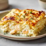 A delicious slice of creamy shrimp crab lasagna, with layers of pasta, rich filling, and melted cheese, garnished with herbs.