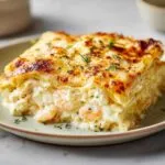 A delicious slice of creamy shrimp crab lasagna, with layers of pasta, rich filling, and melted cheese, garnished with herbs.