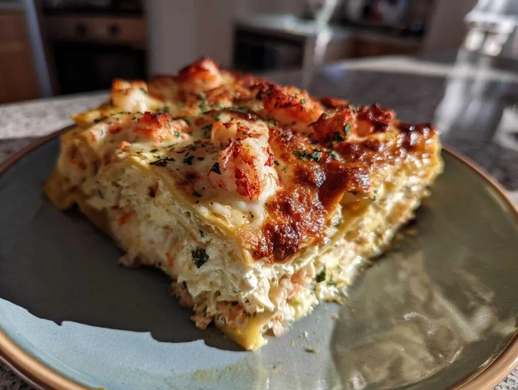 A slice of creamy shrimp crab lasagna on a plate, topped with cooked shrimp and fresh parsley.