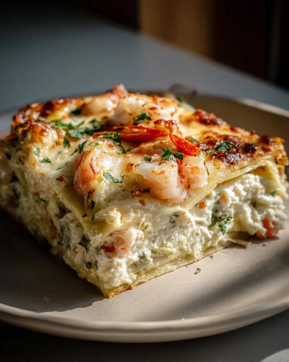 A delicious slice of creamy shrimp crab lasagna, topped with shrimp and parsley, on a plate.