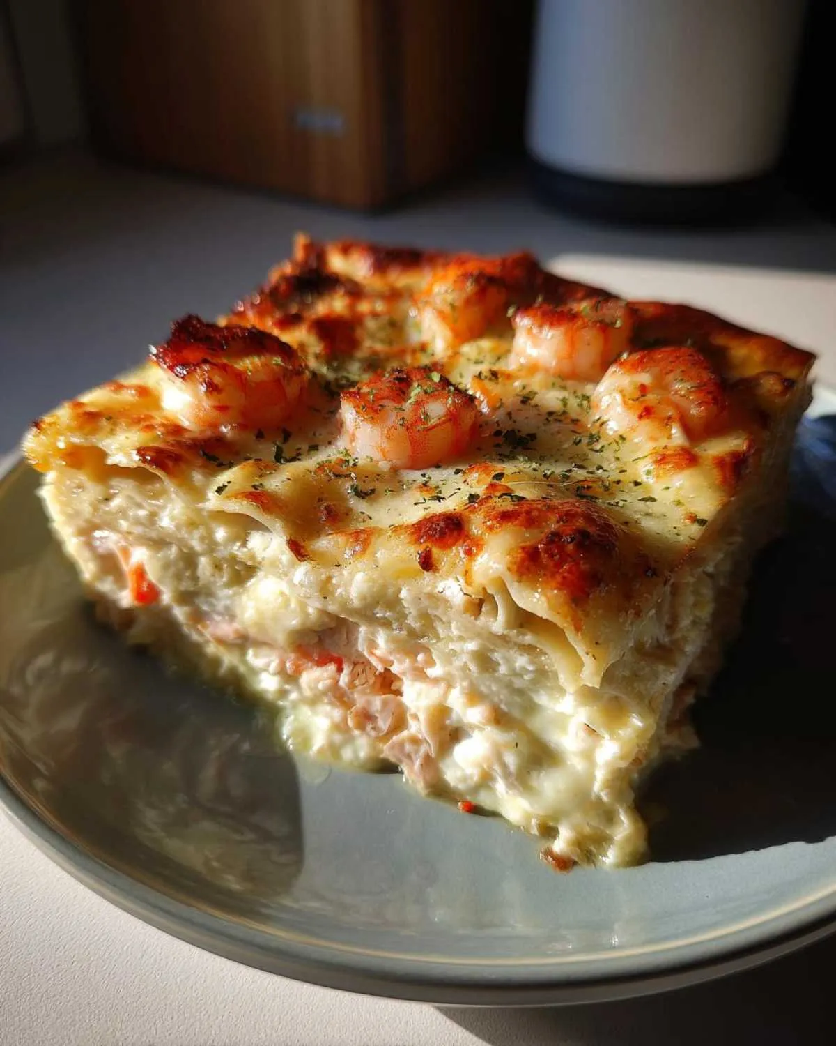 A generous slice of creamy shrimp crab lasagna, topped with melted cheese and whole shrimp.