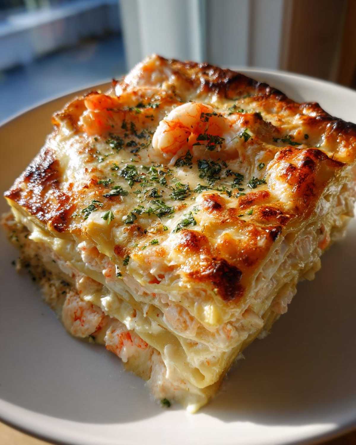 A delicious slice of creamy shrimp crab lasagna, layered with pasta, seafood, and cheese, topped with herbs.