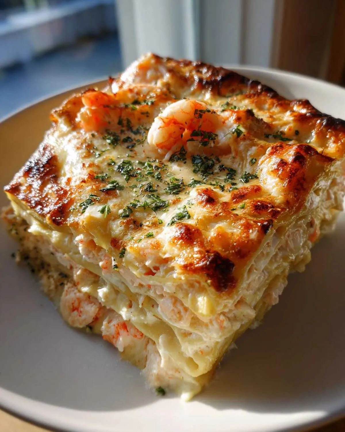 A delicious slice of creamy shrimp crab lasagna, layered with pasta, seafood, and cheese, topped with herbs.
