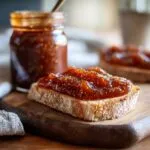 A slice of toast topped with rich, dark slow cooker apple butter, with a jar of apple butter in the background.