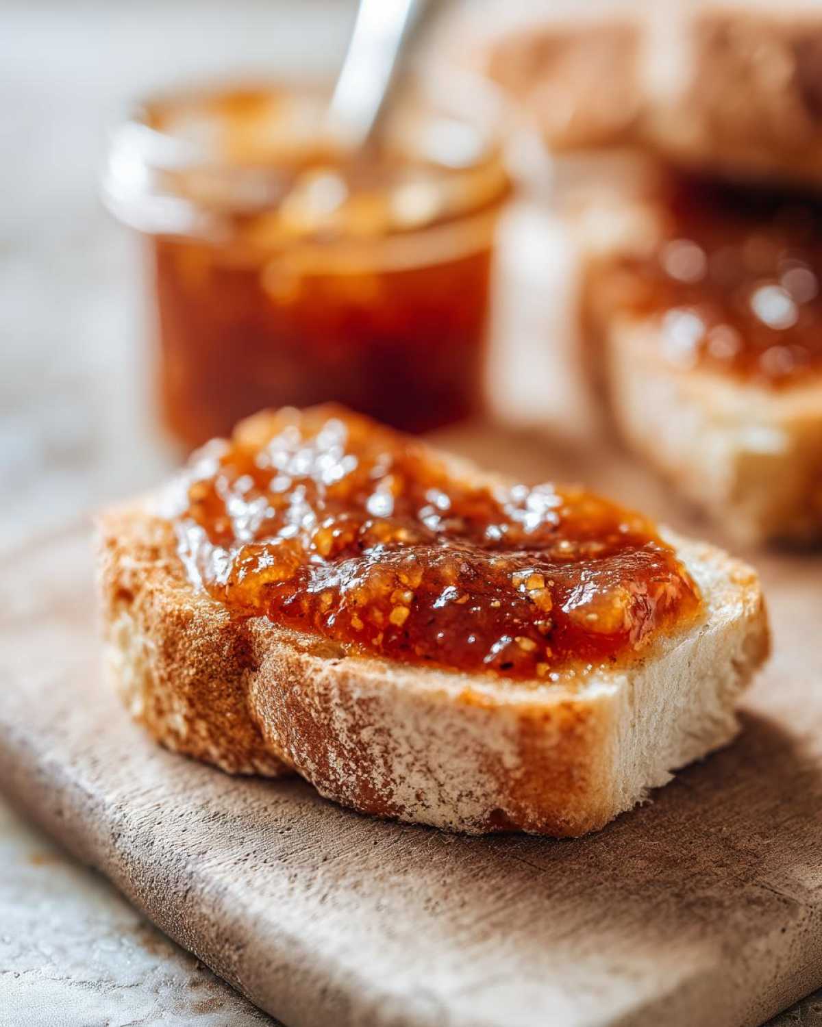 A slice of toasted bread generously spread with rich, homemade slow cooker apple butter.