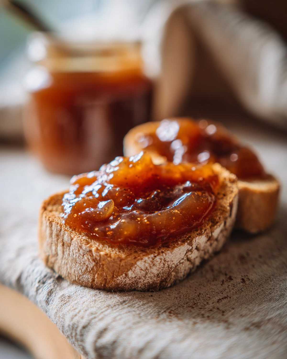 Close-up of rustic toast topped with rich, glistening slow cooker apple butter.