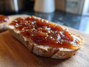 Slice of crusty bread topped with glistening slow cooker apple butter.