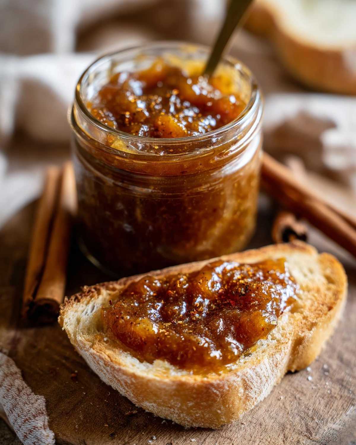 A slice of toasted bread topped with delicious slow cooker apple butter, with a jar of apple butter and cinnamon sticks in the background.