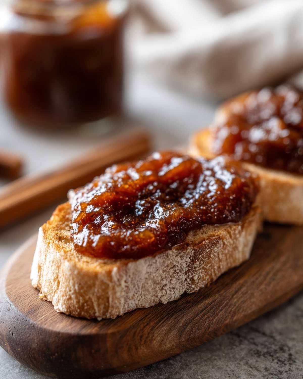 Close-up of toast topped with rich, dark slow cooker apple butter, with a jar in the background.