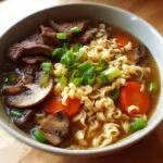 A steaming bowl of slow cooker beef ramen noodles, featuring tender beef slices, ramen noodles, mushrooms, carrots, and green onions.