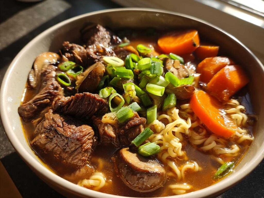 A close-up of a bowl of slow cooker beef ramen noodles, featuring tender beef, carrots, mushrooms, and green onions.
