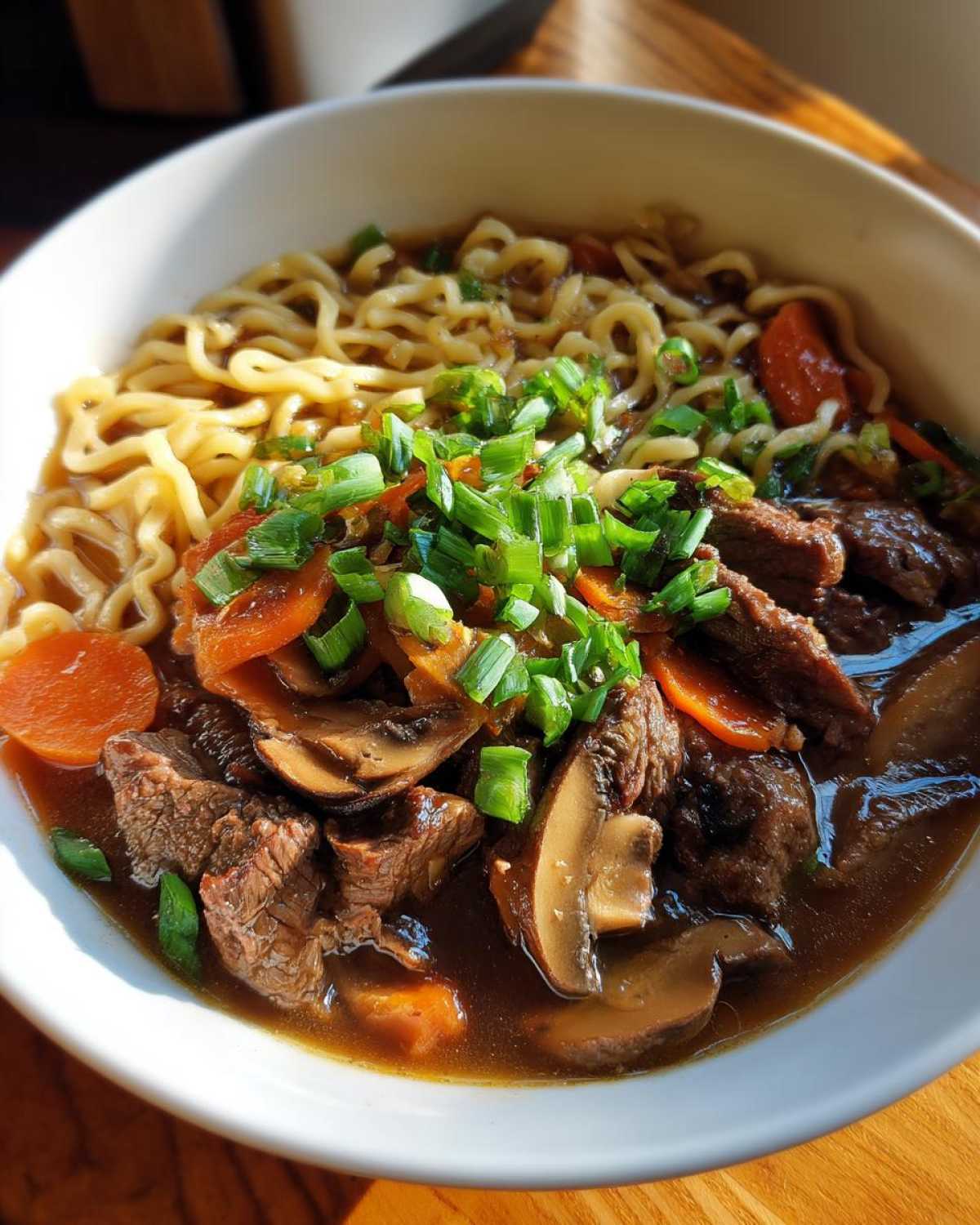 A close-up of a white bowl filled with slow cooker beef ramen noodles, featuring tender beef, sliced carrots, mushrooms, and green onions.