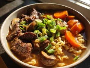 A close-up of a bowl of slow cooker beef ramen noodles, featuring tender beef, carrots, mushrooms, and green onions.