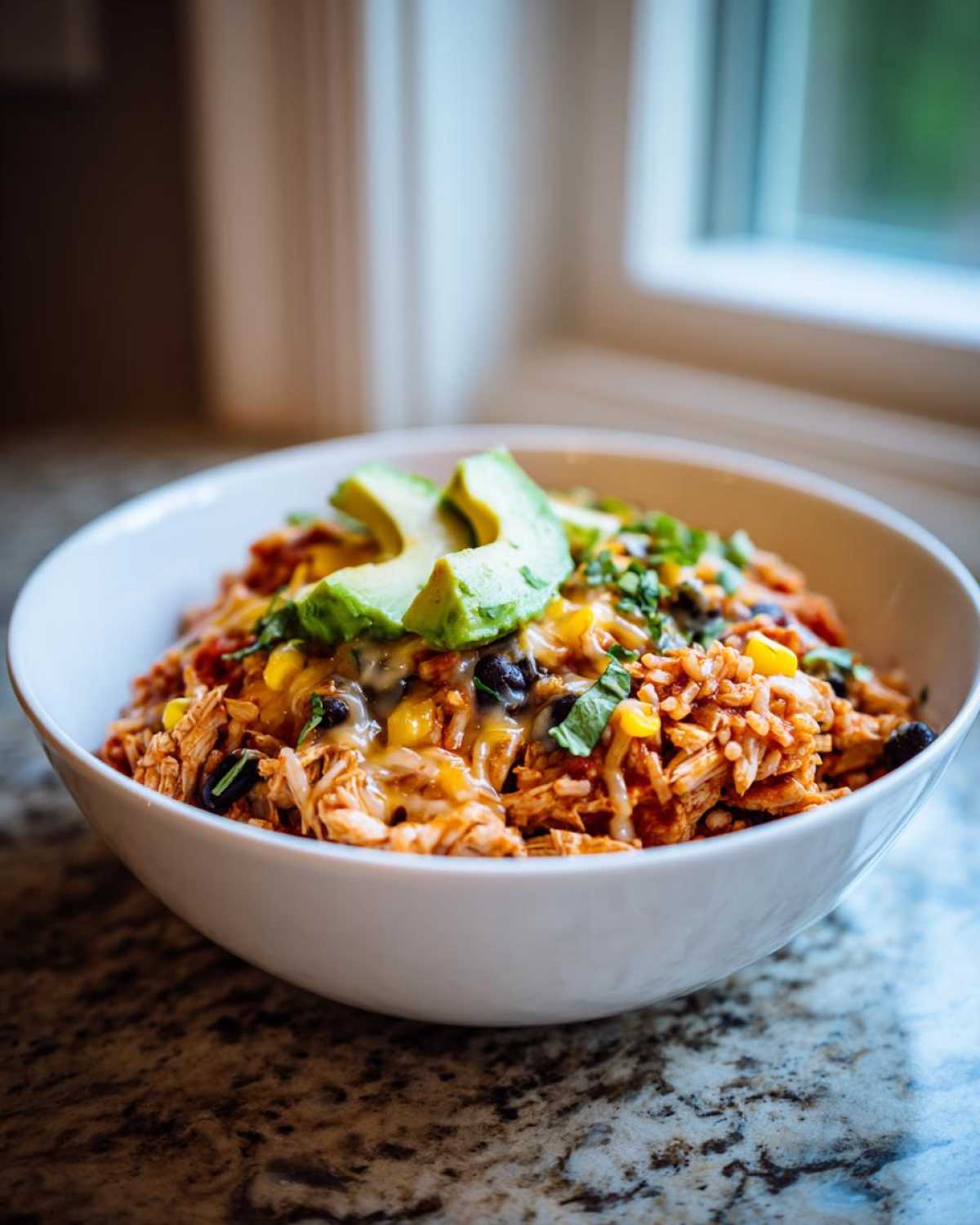 A close-up of a delicious slow cooker chicken burrito bowl topped with avocado slices, black beans, corn, and cheese.