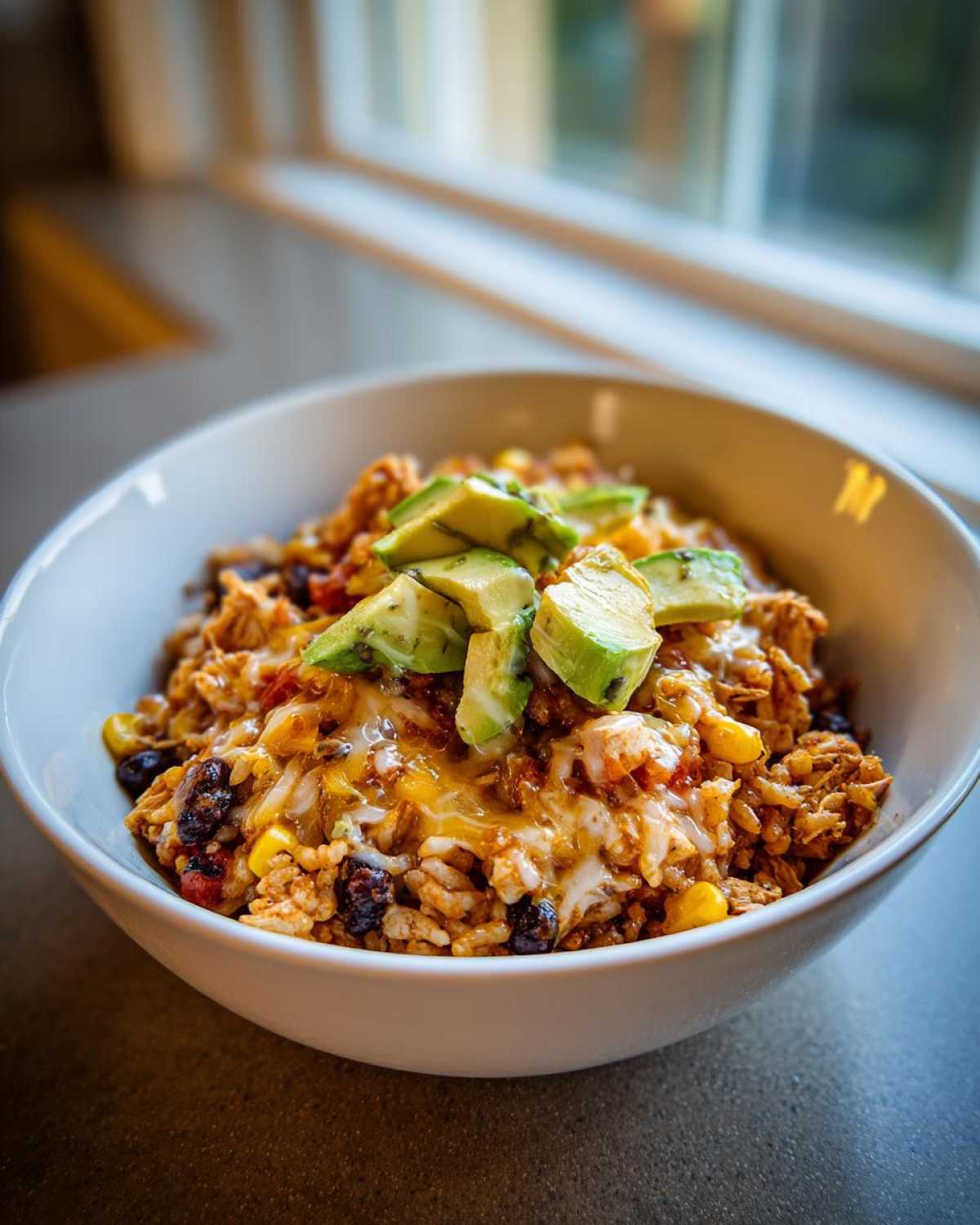 A close-up of a slow cooker chicken burrito bowl topped with melted cheese and fresh avocado slices.