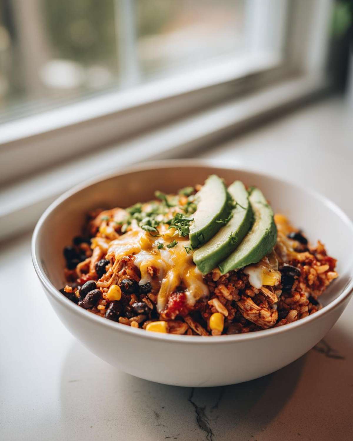 A delicious slow cooker chicken burrito bowl topped with melted cheese, fresh avocado slices, and cilantro.