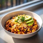 A close-up of a white bowl filled with slow cooker chicken burrito bowls, topped with melted cheese, avocado, and cilantro.