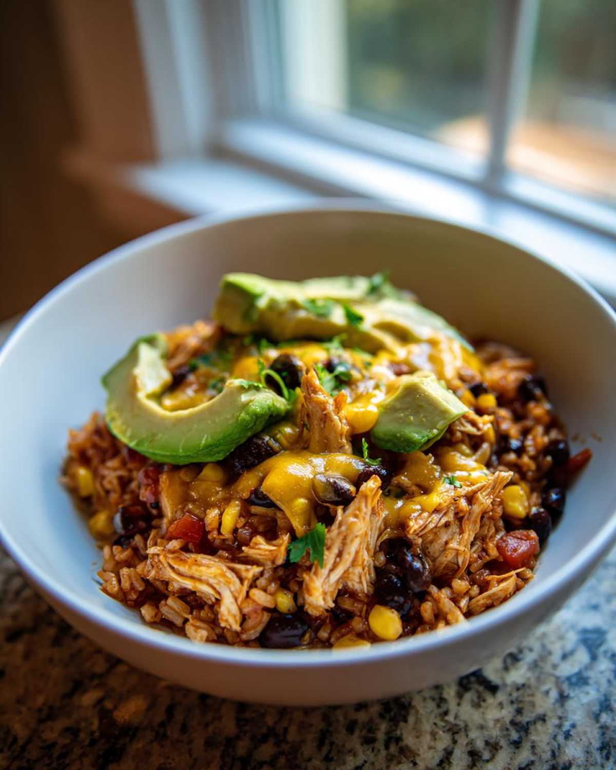 A close-up of a delicious slow cooker chicken burrito bowl topped with sliced avocado, melted cheese, and cilantro.