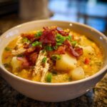 A hearty bowl of slow cooker chicken corn chowder topped with crispy bacon and green onions.