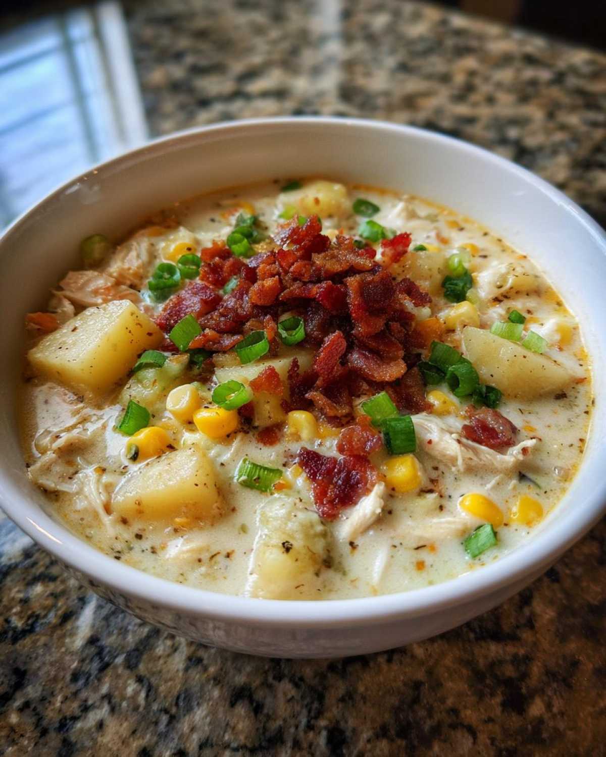 A close-up of a bowl of creamy slow cooker chicken corn chowder topped with crispy bacon bits and green onions.