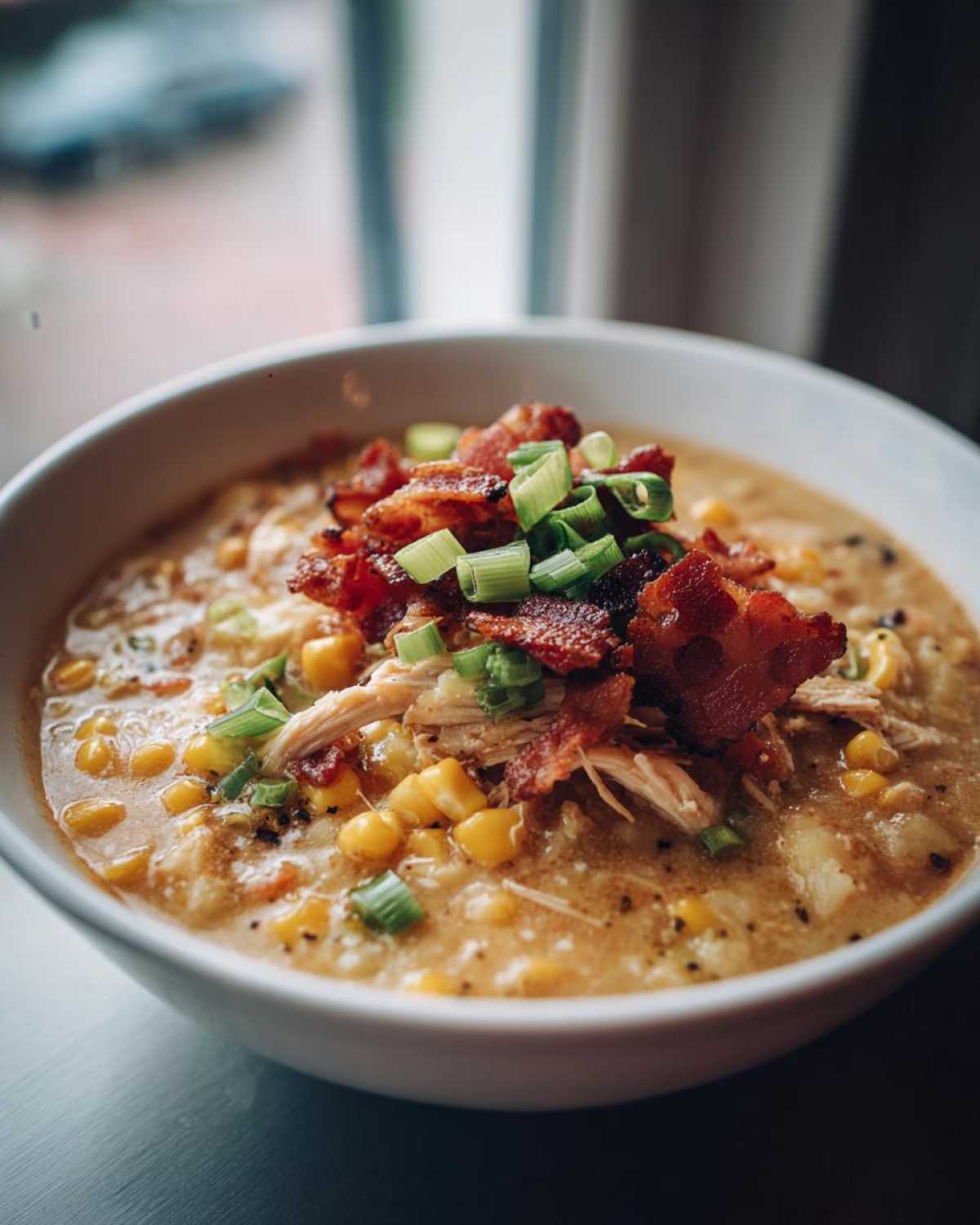 A hearty bowl of slow cooker chicken corn chowder topped with crispy bacon, shredded chicken, and green onions.