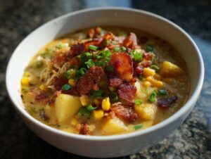 A close-up of a bowl of creamy slow cooker chicken corn chowder topped with crispy bacon and green onions.