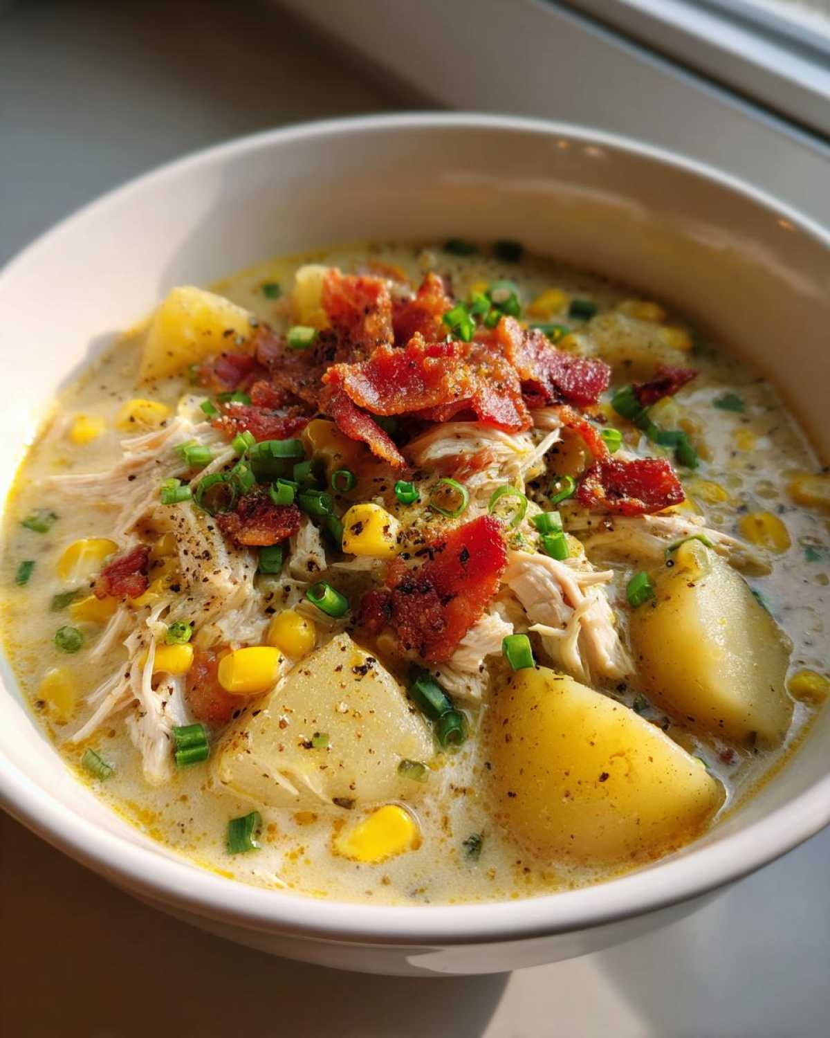 A close-up of a bowl of creamy slow cooker chicken corn chowder topped with crumbled bacon and chives.