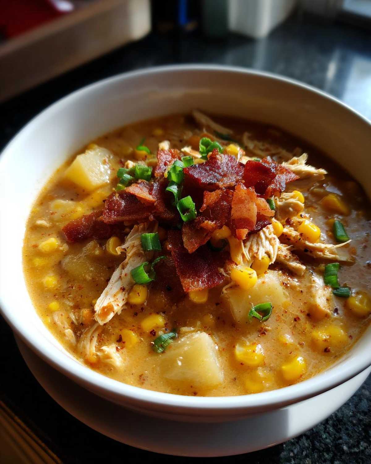 A bowl of creamy slow cooker chicken corn chowder topped with crumbled bacon and green onions.