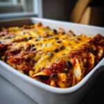 A close-up of a bubbly, cheesy slow cooker chicken enchilada casserole in a white baking dish, topped with black beans and corn.