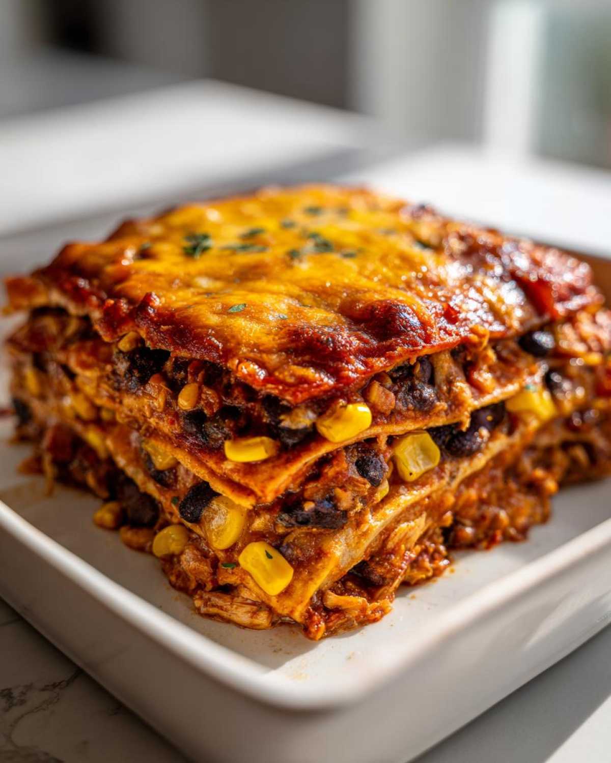 Close-up of a layered Slow Cooker Chicken Enchilada Casserole with melted cheese, black beans, and corn.