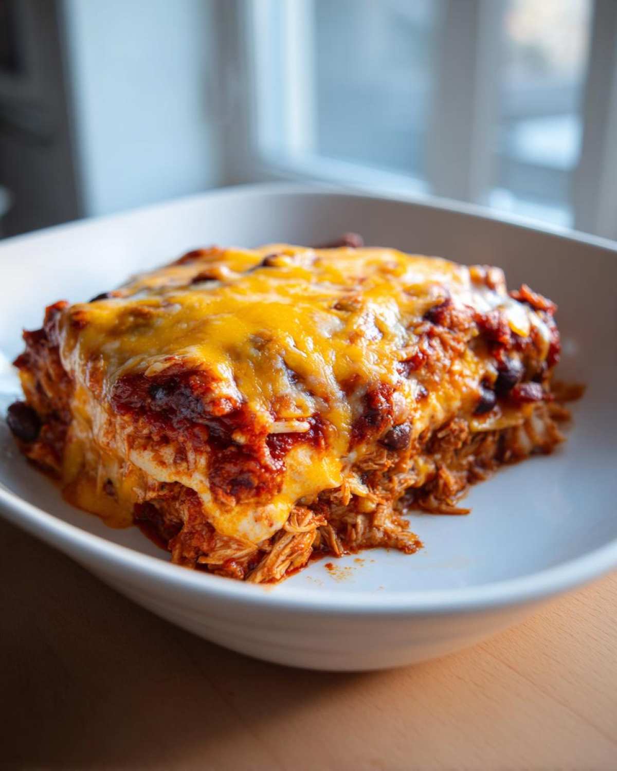 A generous slice of slow cooker chicken enchilada casserole, topped with melted cheddar cheese.