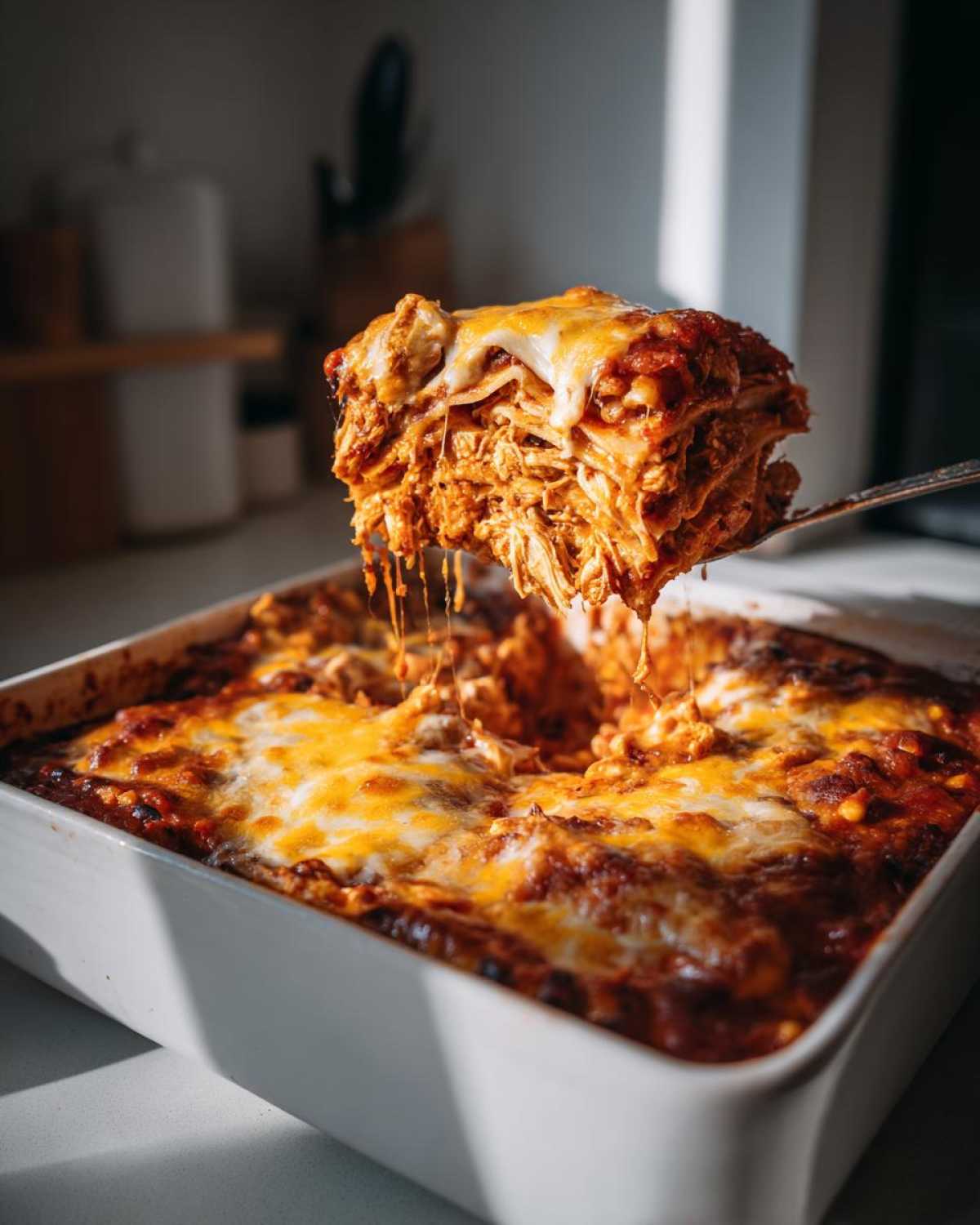 A serving of cheesy Slow Cooker Chicken Enchilada Casserole being lifted from a white baking dish.