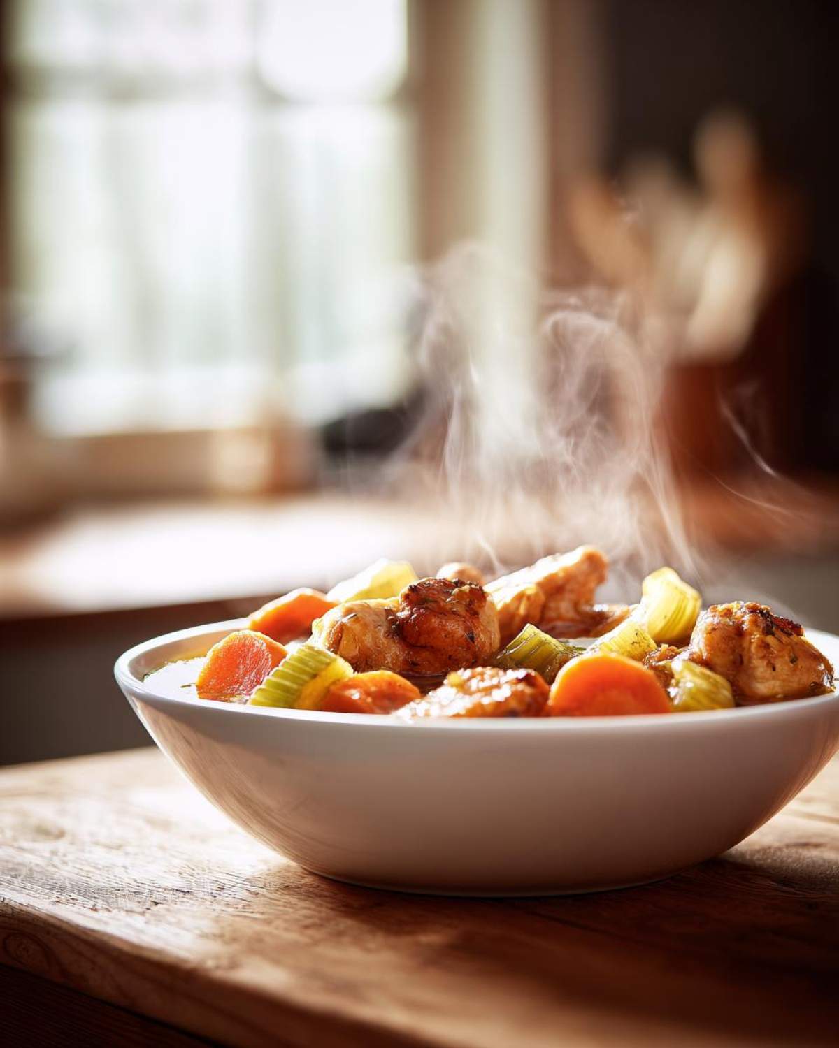 A steaming bowl of slow cooker chicken stew with tender chicken pieces, carrots, and celery.