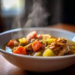A close-up of a white bowl filled with steaming slow cooker chicken stew, featuring tender chicken pieces, carrots, and potatoes.