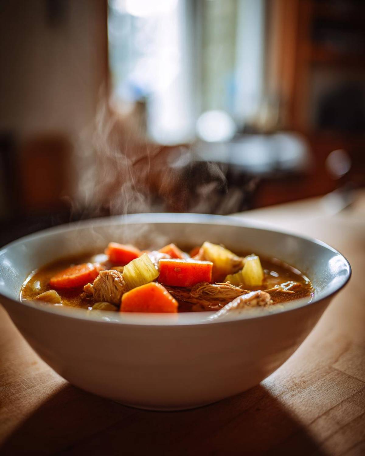 A close-up of a white bowl filled with steaming slow cooker chicken stew, featuring tender chicken, carrots, and potatoes.
