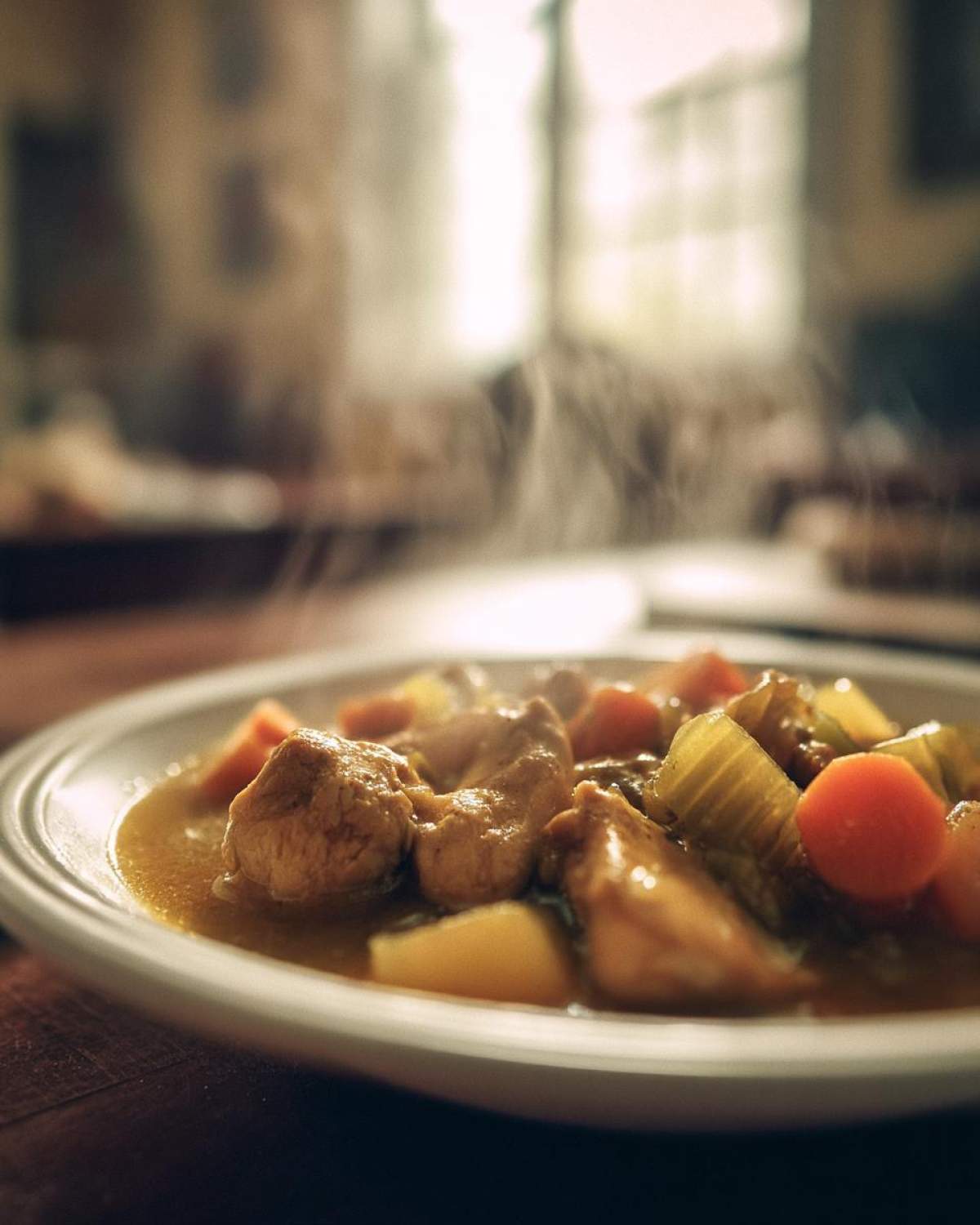 A close-up of a white bowl filled with steaming slow cooker chicken stew, featuring tender chicken pieces, carrots, potatoes, and celery in a rich broth.
