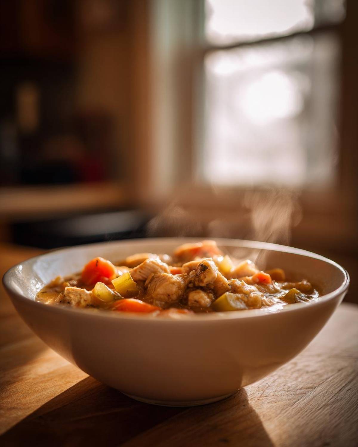 A steaming bowl of slow cooker chicken stew with tender chicken pieces, carrots, and celery.