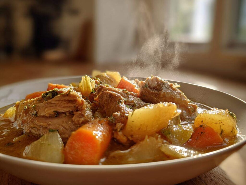 A close-up of a bowl filled with steaming slow cooker chicken stew, featuring tender chicken pieces, carrots, and potatoes.