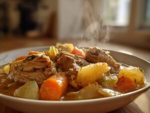 A close-up of a bowl filled with steaming slow cooker chicken stew, featuring tender chicken pieces, carrots, and potatoes.