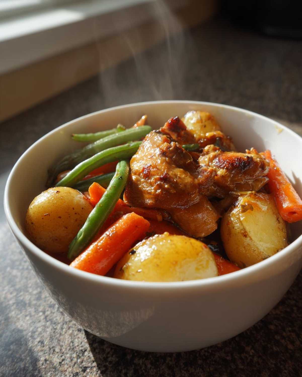 A steaming bowl of slow cooker honey garlic chicken and veggies, featuring tender chicken pieces, baby potatoes, carrots, and green beans.
