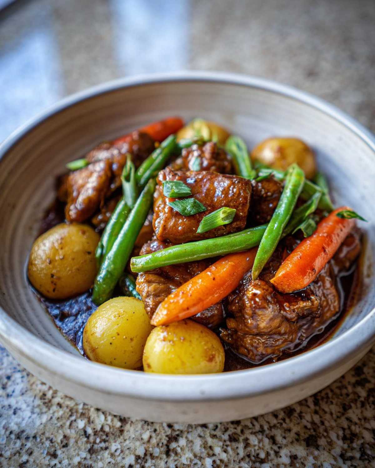A bowl of slow cooker honey garlic chicken and veggies, featuring tender chicken pieces, baby potatoes, carrots, and green beans in a glossy sauce.