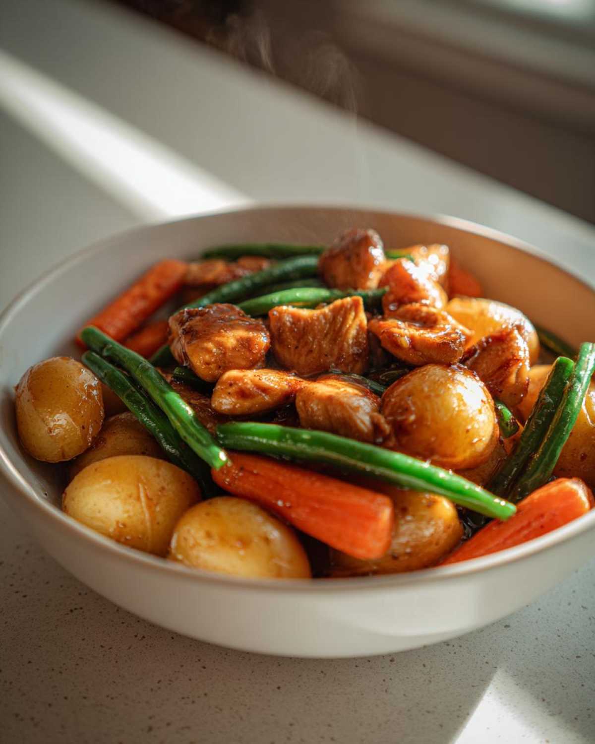 A bowl of steaming slow cooker honey garlic chicken and veggies, featuring chicken pieces, baby potatoes, carrots, and green beans.
