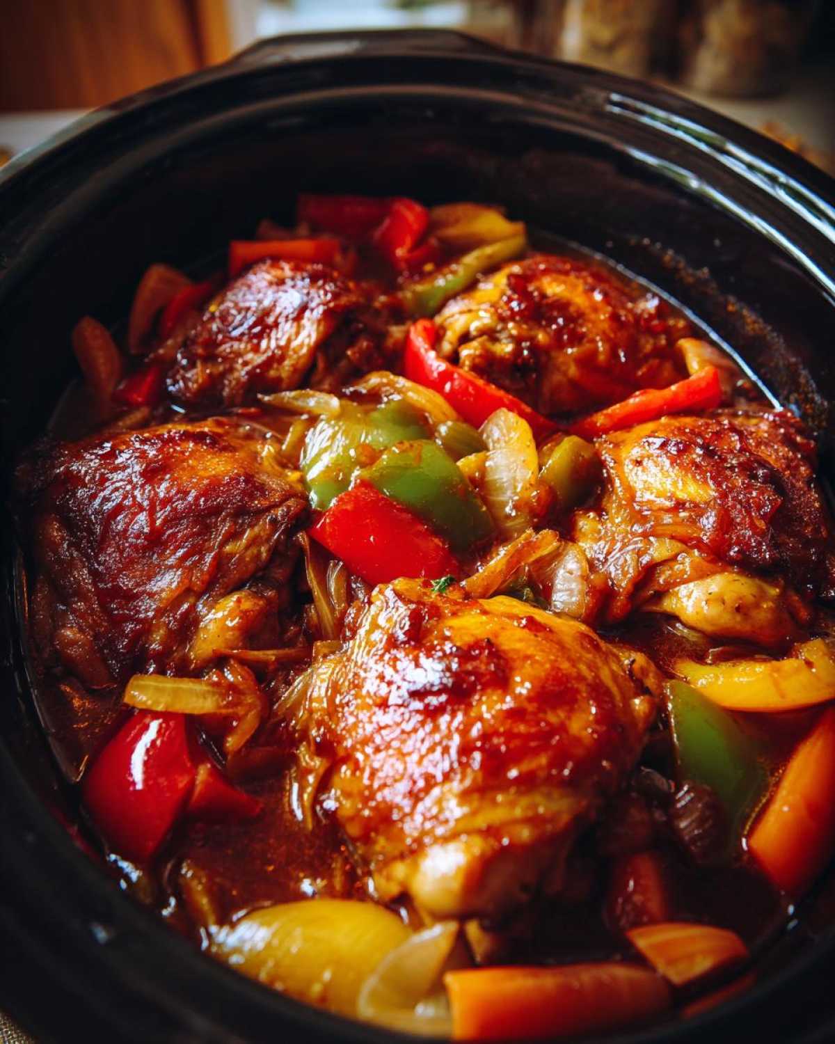 Close-up of succulent Slow Cooker Honey Garlic Chicken thighs with bell peppers and onions in a rich sauce.