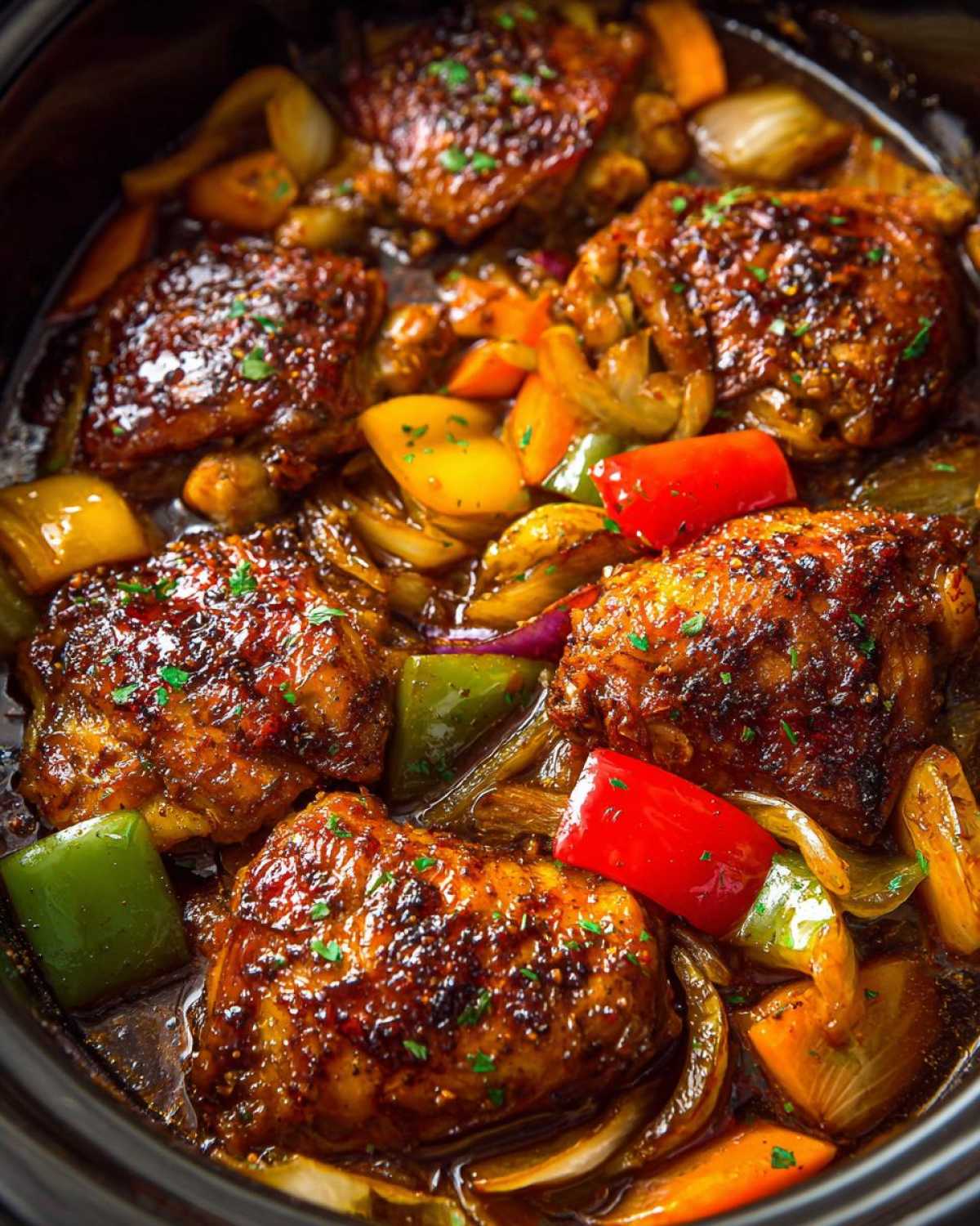 Close-up of tender Slow Cooker Honey Garlic Chicken pieces with colorful bell peppers and onions in a rich glaze.