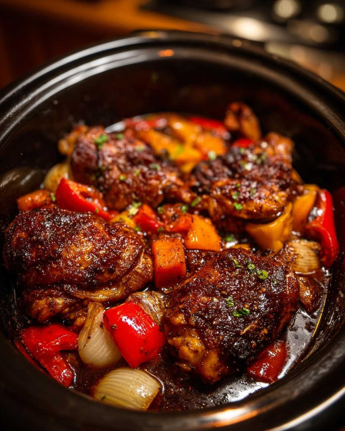 Close-up of succulent Slow Cooker Honey Garlic Chicken thighs with bell peppers and onions in a dark sauce.