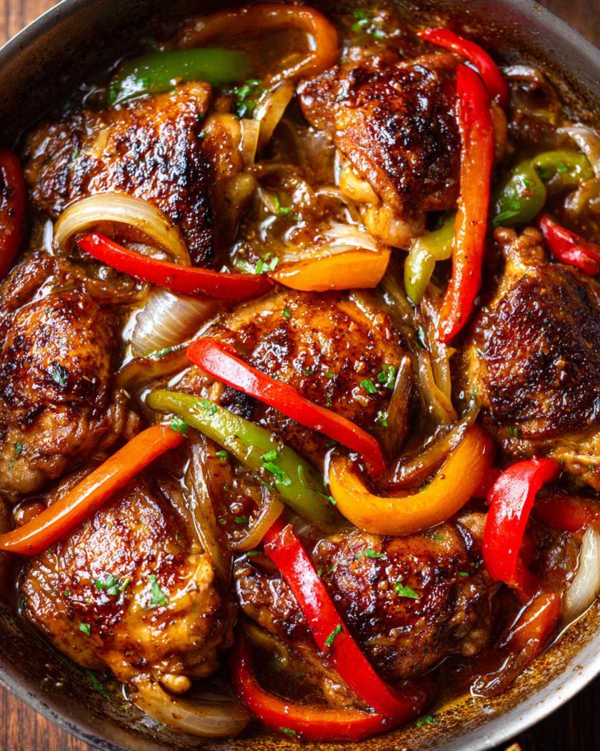 Close-up of succulent Slow Cooker Honey Garlic Chicken thighs with colorful bell peppers and onions in a glossy sauce.