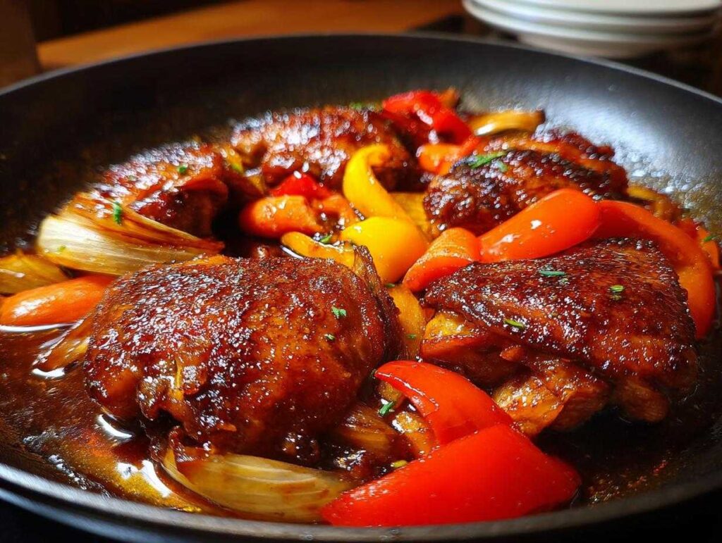 Close-up of tender Slow Cooker Honey Garlic Chicken pieces with vibrant red and yellow bell peppers and onions in a glossy sauce.