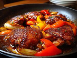 Close-up of tender Slow Cooker Honey Garlic Chicken pieces with vibrant red and yellow bell peppers and onions in a glossy sauce.