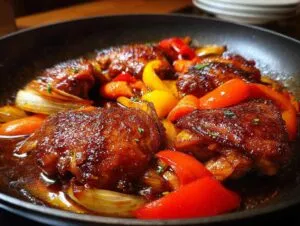 Close-up of tender Slow Cooker Honey Garlic Chicken pieces with vibrant red and yellow bell peppers and onions in a glossy sauce.